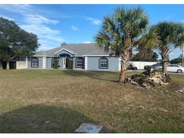 Charming single-story home featuring a large front yard and mature palm trees at 10999 Sw 47Th Ave, Ocala, FL 34476