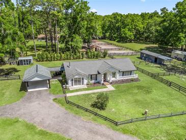 Aerial view of a charming home with a well-manicured lawn and mature trees surrounding the property at 13897 W Highway 328, Ocala, FL 34482