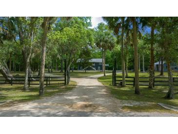 Long driveway approaching a charming two-story home surrounded by lush greenery and mature trees at 11311 Ne 40Th Street Rd, Silver Springs, FL 34488