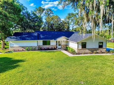 Charming single-story home featuring a well-manicured lawn and mature trees at 7787 Nw 56Th Pl, Ocala, FL 34482