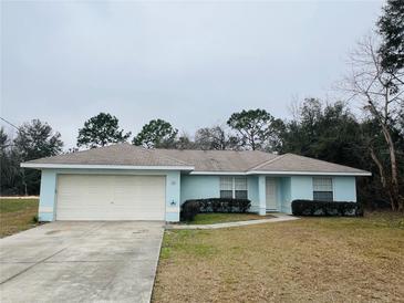 Charming single-story home with a two-car garage, green lawn and tidy landscaping at 38 Laurel Ct, Ocala, FL 34480
