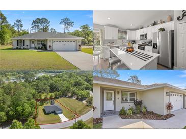 Collage of a charming home highlighting its front exterior, kitchen, and aerial view of the surrounding land at 77 Locust Dr, Ocala, FL 34472