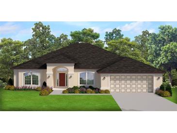 Beige single-Gathering home featuring an attached two-car garage, manicured landscaping, and an inviting front entry at 8483 Sw 59Th Ter, Ocala, FL 34476