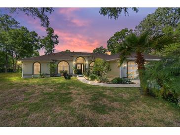 Stunning home exterior with manicured lawn, mature trees, and a beautiful dusk sky at 6150 Nw 59Th Ave, Ocala, FL 34482