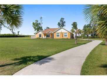Inviting one-story home featuring a spacious front lawn and long driveway surrounded by mature landscaping and trees at 9950 Nw 11Th Ter, Ocala, FL 34475