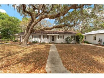 Charming single-story home with mature trees and a walkway leading to the front door at 18027 Se 90Th St, Ocklawaha, FL 32179