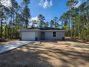 Charming single-story home with a gray exterior, attached garage, and a spacious driveway surrounded by tall trees at 24458 Nw Geranium Ave, Dunnellon, FL 34431