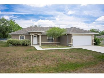 Charming single-story home with a well-manicured lawn, inviting entrance, and attached two-car garage at 13645 Se 42 Ave, Summerfield, FL 34491