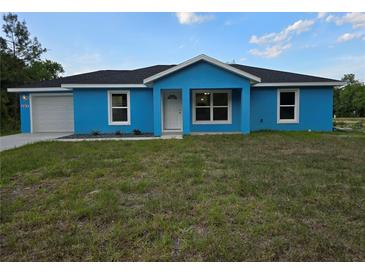 Charming blue single-story home featuring a neatly landscaped front yard and an attached garage at 263 Oak Lane Trak, Ocala, FL 34472