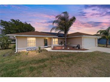 Charming single-story home with well-maintained lawn and a palm tree in the front yard at sunset at 173 Juniper Way, Ocala, FL 34480