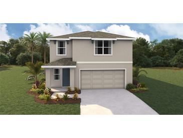 Charming two-story home features a neutral color palette, an attached two-car garage, and a well-manicured lawn at 8486 Las Palmas Way, Wildwood, FL 34785