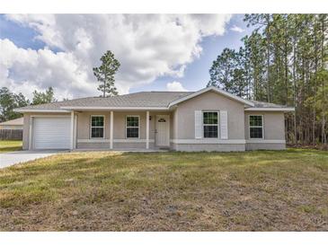 Charming single-story home featuring a front porch, attached garage, and a well-maintained lawn at 89 Fisher Way Crse, Ocklawaha, FL 32179