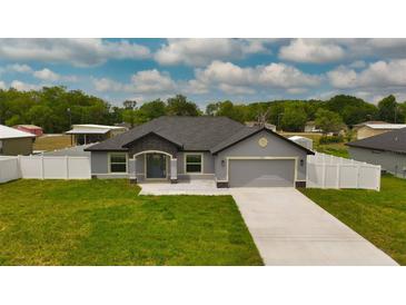 Charming single-story home with manicured lawn, neutral paint, grey roof, and a two-car garage at 12180 Se 89Th Ter, Belleview, FL 34420