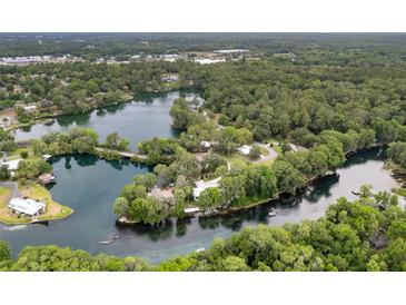 Breathtaking aerial view of a home nestled on a private lake peninsula amidst lush greenery at 19938 Burkitt Rd, Dunnellon, FL 34432