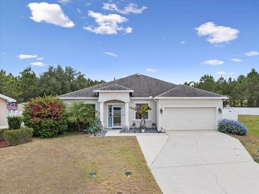 Charming single-story home featuring a well-manicured lawn, a two-car garage, and beautiful landscaping at 808 Overlook Grove Dr, Winter Haven, FL 33884