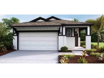 Charming single Gathering home showcasing a well-manicured lawn, a clean 2-car garage, and a welcoming front entrance at 8578 Pinecrest Trl, Wildwood, FL 34785