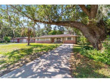 Charming single-story home with brick accents, a long driveway, and mature trees shading the front yard at 6060 Se 119Th Pl, Belleview, FL 34420
