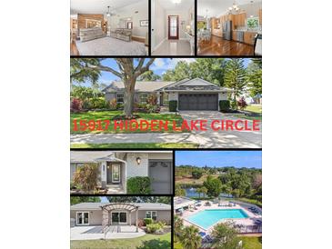 Real estate collage shows pool, kitchen, front door, living room and front of the home at 15917 Hidden Lake Cir, Clermont, FL 34711