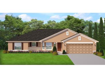 Charming single-story home featuring a well-manicured lawn, a quaint porch, and an attached garage at 74 Pine Trace Crse, Ocala, FL 34472