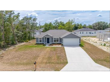 Charming gray home with a well-manicured lawn and a freshly poured concrete driveway at 400 Mariion Oaks Crse, Ocala, FL 34473