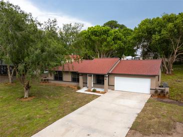 View of the house featuring a well-manicured lawn, long driveway, and a two-car garage at 346 Emerald Rd, Ocala, FL 34472