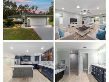 This is a collage of images showing the home's front exterior, kitchen, living room, and bathroom at 19028 Sw 101 Pl, Dunnellon, FL 34432