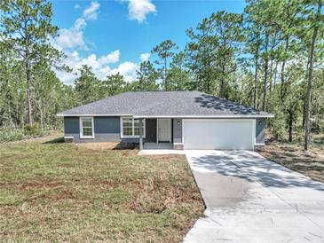 Charming single-story home boasts a well-manicured lawn, modern gray siding, and an attached two-car garage at 3270 Sw 151St Ct, Ocala, FL 34481
