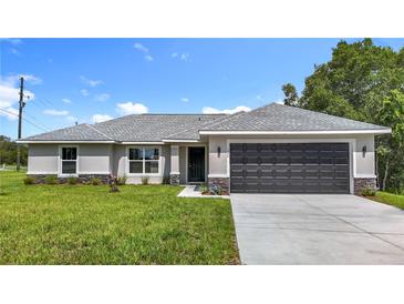 Charming single-story home with a well-manicured lawn and a gray two-car garage door at 226 Locust Ln, Ocala, FL 34472