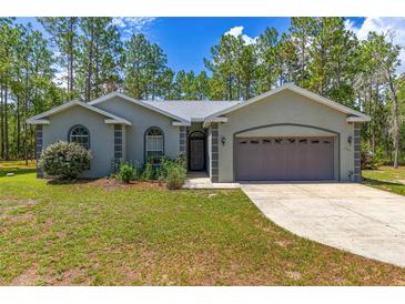 Charming single-story home features a two-car garage and well-manicured lawn with mature trees at 12320 Sw 62Nd Pl, Ocala, FL 34481