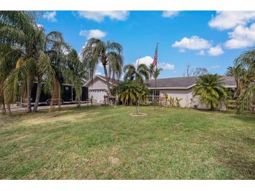 Single-story home with a large yard, palm trees, and a spacious driveway at 208 Limpkin Ln, Frostproof, FL 33843
