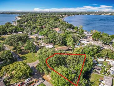 Beautiful aerial view of a wooded homesite near a lake, offering privacy and natural beauty at 5402 Parkway Drive, Belle Isle, FL 32809