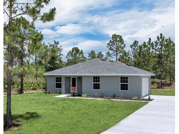 Charming single-story home featuring a well-manicured lawn, fresh landscaping, and a classic gray exterior at 3120 Oleander Dr, Indian Lake Estates, FL 33855