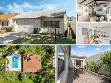Real estate collage featuring home's front exterior, dining room, living room, patio and aerial view of pool at 259 Mariposa, Winter Haven, FL 33884