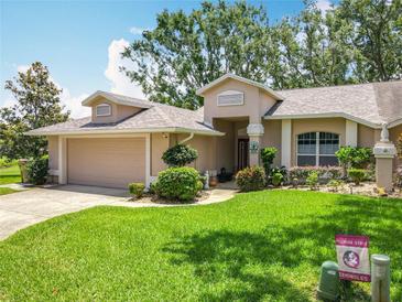 Charming single-Gathering home featuring a well-manicured lawn and a two-car garage at 8640 Firestone Cir, Clermont, FL 34711