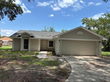 Charming single-story home featuring an attached two-car garage and a concrete driveway at 300 E Washington St, Minneola, FL 34715