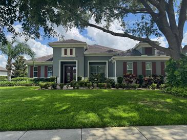 Well-manicured front yard and mature trees adorn this lovely single-Gathering home with red shutters at 25863 Crossings Bluff Ln, Sorrento, FL 32776