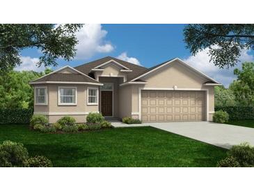 One-story home with tan exterior, brown roof, and two-car garage at 207 Bryce Ln, Frostproof, FL 33843