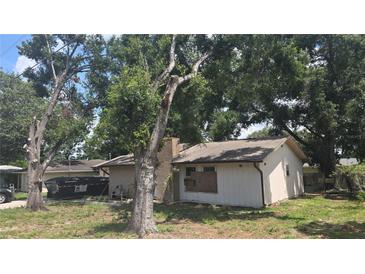 View of the home's exterior featuring a brick chimney and lots of surrounding trees at 4202 Sunny View Dr, Lakeland, FL 33813