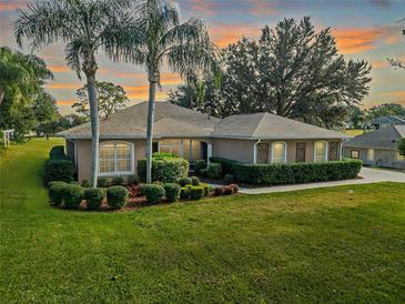 Charming home featuring a manicured lawn, lush landscaping, and decorative window accents enhancing its curb appeal at 39342 Harbor Hills Blvd, Lady Lake, FL 32159