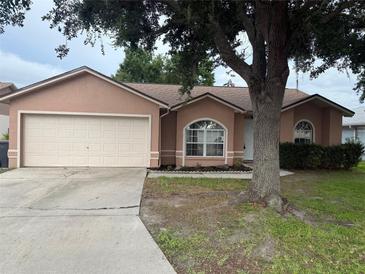 Charming single-story home features an attached two-car garage and welcoming front yard with mature tree at 6616 Shepherd Oaks St, Lakeland, FL 33811