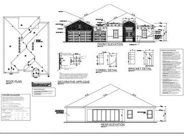 Detailed architectural blueprint showcasing the front and rear elevation, roof plan, and decorative details at 3059 Sanctuary Cir, Lakeland, FL 33803