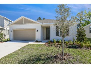 Charming single-story home featuring a two-car garage and fresh landscaping in a well maintained front yard at 1655 Sugarbelle Cir, Mascotte, FL 34753