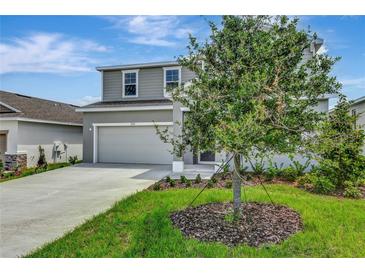 Two story home featuring a two car garage and a front lawn with freshly planted tree at 1769 Carnelian St, Deland, FL 32720