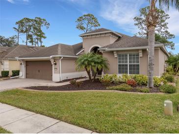 Tan one-story house with brown garage door, landscaping, and palm trees at 296 Del Sol Ave, Davenport, FL 33837