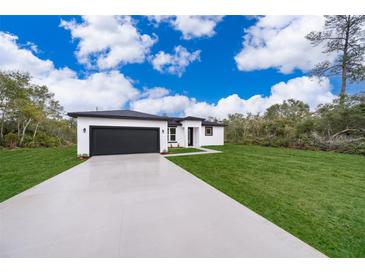 Modern single-story home featuring a minimalist design, dark garage door, and manicured lawn at 3177 Sw 127Th Street, Ocala, FL 34473