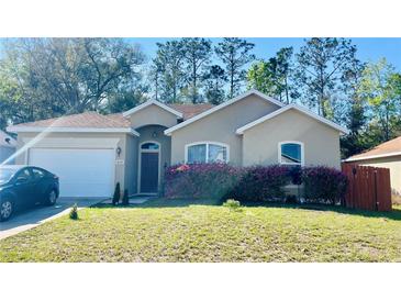 Charming single-story home features a well-manicured lawn and attached two-car garage at 419 Cierra Oaks Cir, Lady Lake, FL 32159