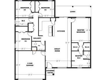 Detailed floor plan showcasing layout with bedrooms, kitchen, great room, and lanai at 301 Bowfin Dr, Kissimmee, FL 34759
