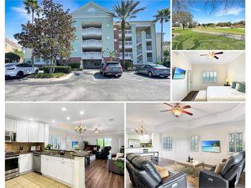 Collage showcasing the building exterior, bedroom, kitchen, and living room of the property at 7602 Cabana Ct # 101, Reunion, FL 34747