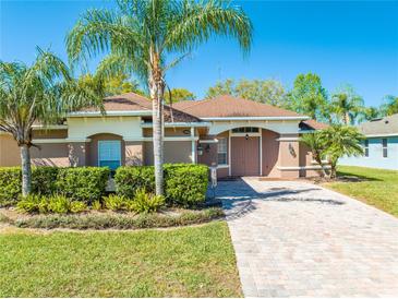 Charming single-story home featuring a well-maintained lawn and lush landscaping, complete with a paved driveway and front walkway at 1004 Costa Mesa Ln, Kissimmee, FL 34744