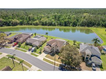 Aerial view of homes near a pond with lush green trees in the background at 5516 Willow Bend Trl, Kissimmee, FL 34758